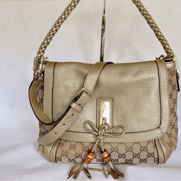 Gucci Bella Flap 2-Way Satchel GG Canvas Gold Leather - Picture 2 of 16